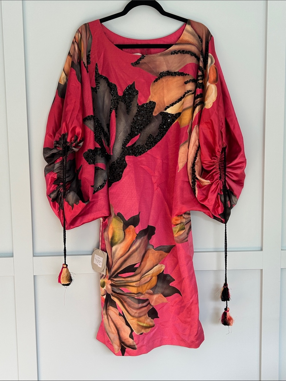 La Fuori- Vibrant Floral Dress with Tassel Drawstrings